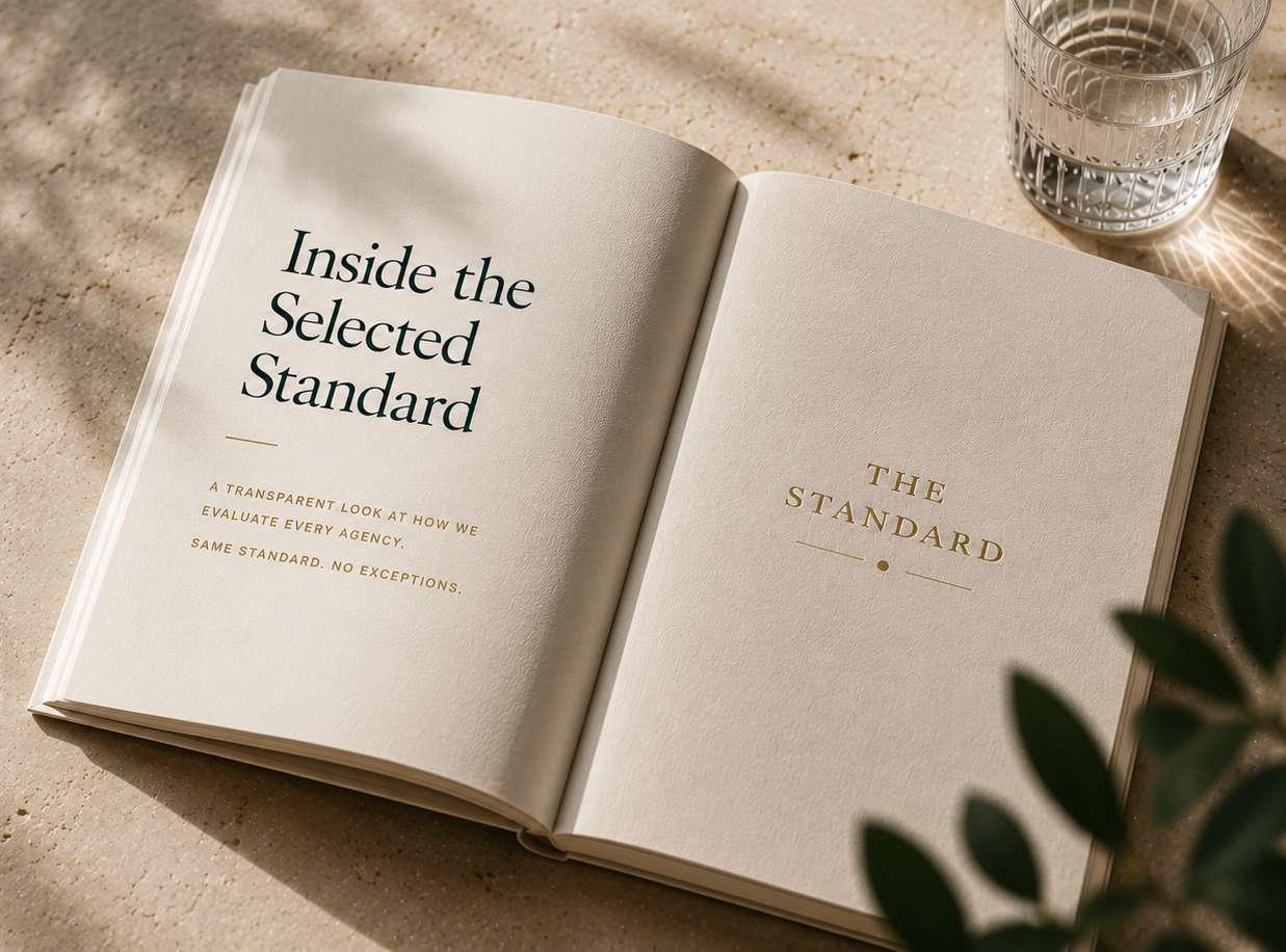 An open book reading 'Inside the Selected Standard' on a marble table